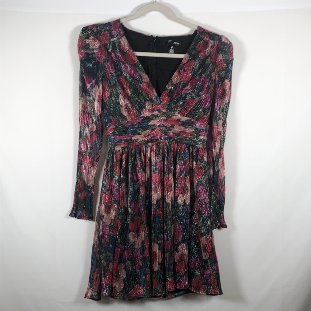 Aqua Puff Sheer Long Sleeve Metallic Floral Dress Babydoll Fairy Ethereal
